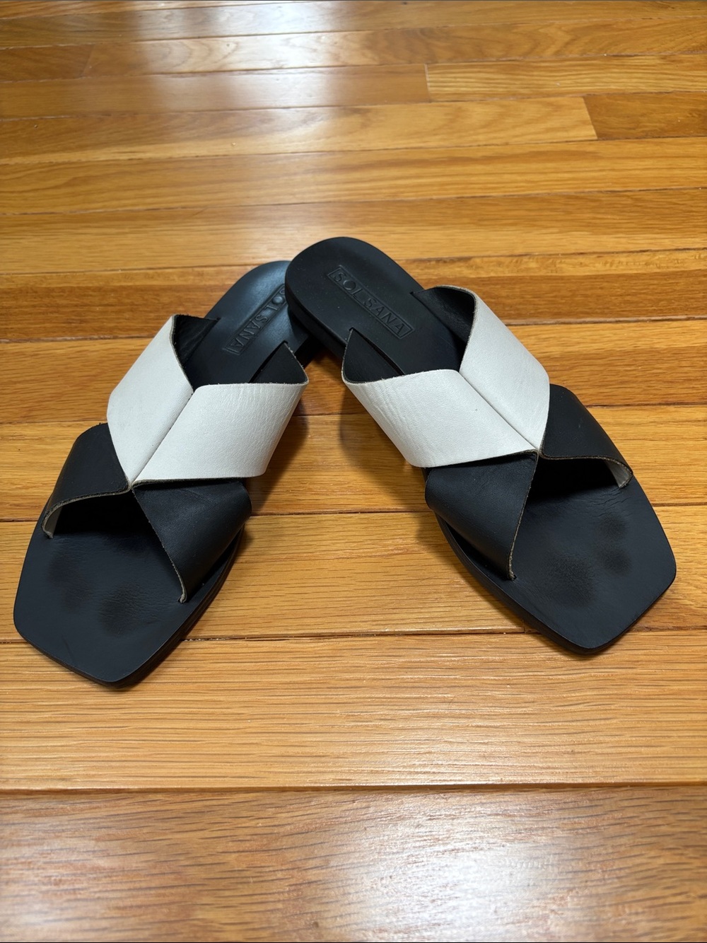 Sol Sana Julian Leather Black & White Twisted Crisscross Slide Sandals